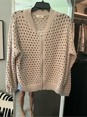 Elan Open-Knit Zip Front Sweater in Light Beige
